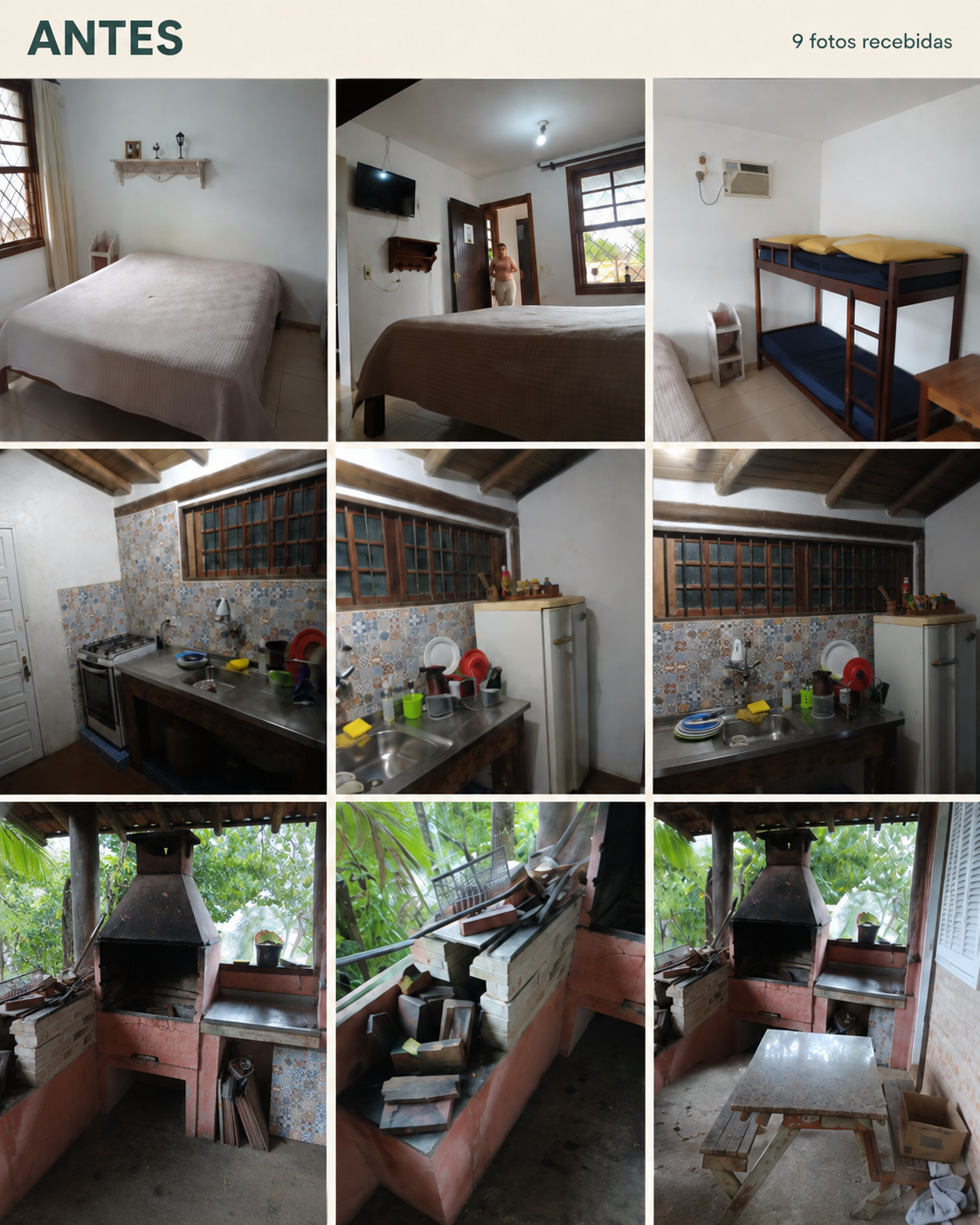 Nove fotos originais de quarto, cozinha e churrasqueira enviadas à HOSPE